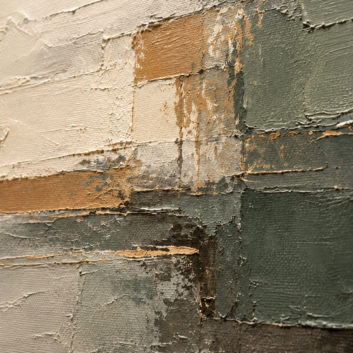 Sage-Threshold oil painting brushwork and impasto detail photographed from an oblique side angle
