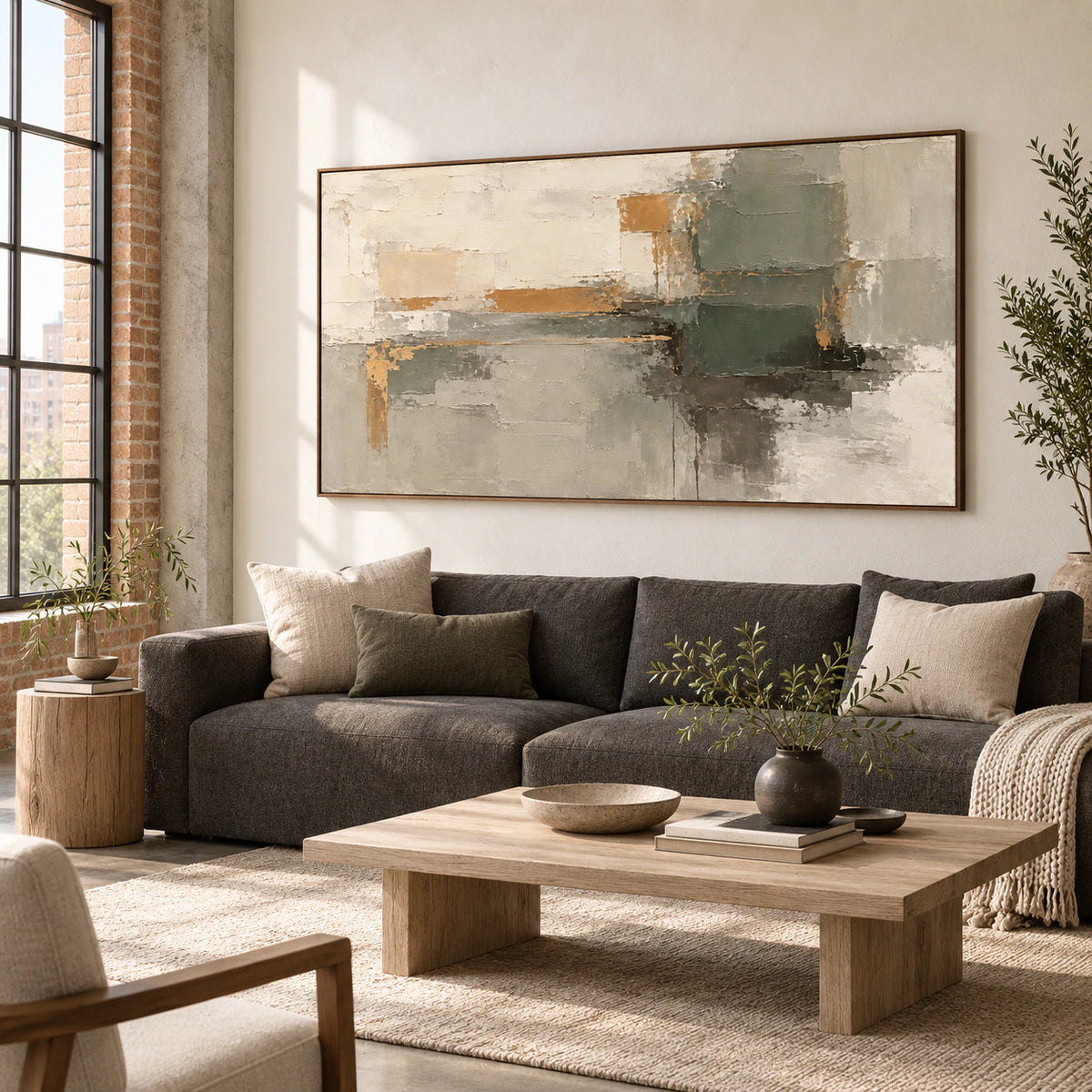 Sage-Threshold as the focal artwork above a restrained contemporary living room seating arrangement.
