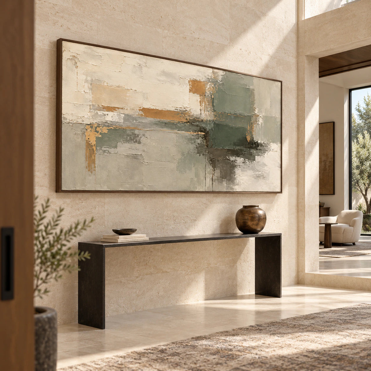 Sage-Threshold presented at gallery scale in a bright stone-clad foyer.