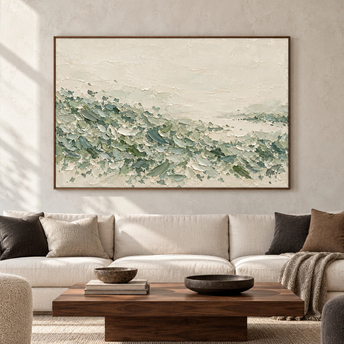 Large horizontal ivory and sage textured abstract painting centered on a bright gallery wall in a spacious modern room.