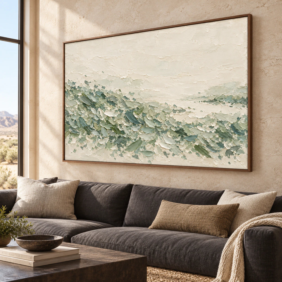 Large ivory and sage abstract painting above a low charcoal sofa in a bright living room with daylight from the left.