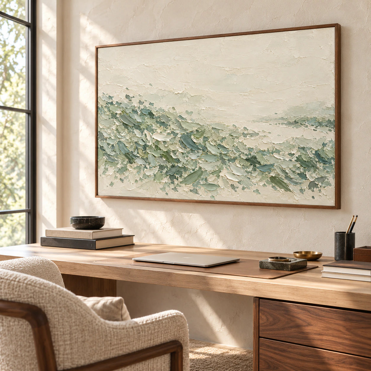 Large textured abstract artwork above a pale desk in an airy home office with tall windows and restrained furnishings.