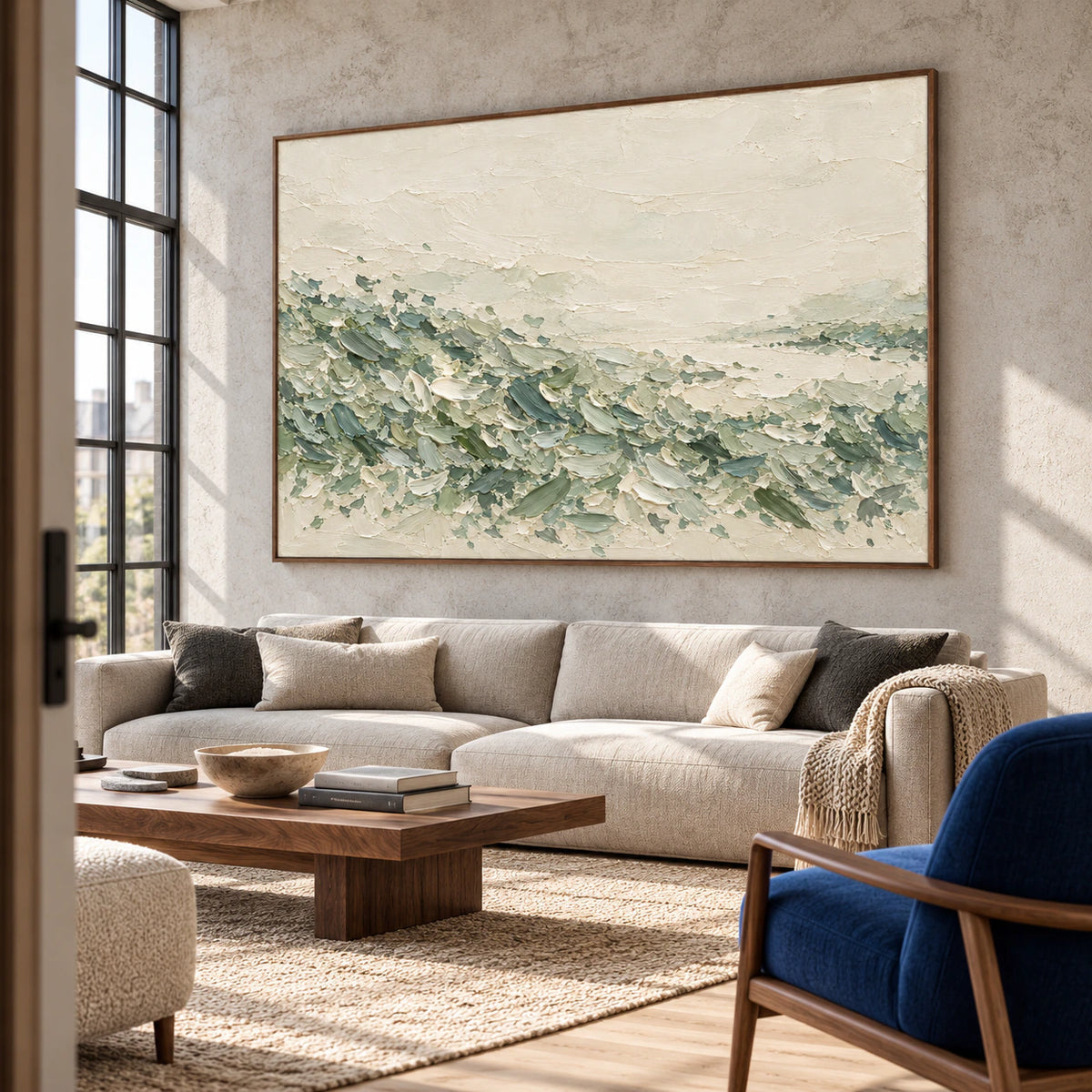 Large textured abstract painting in an expansive loft interior with concrete walls, steel windows and understated lounge furniture.