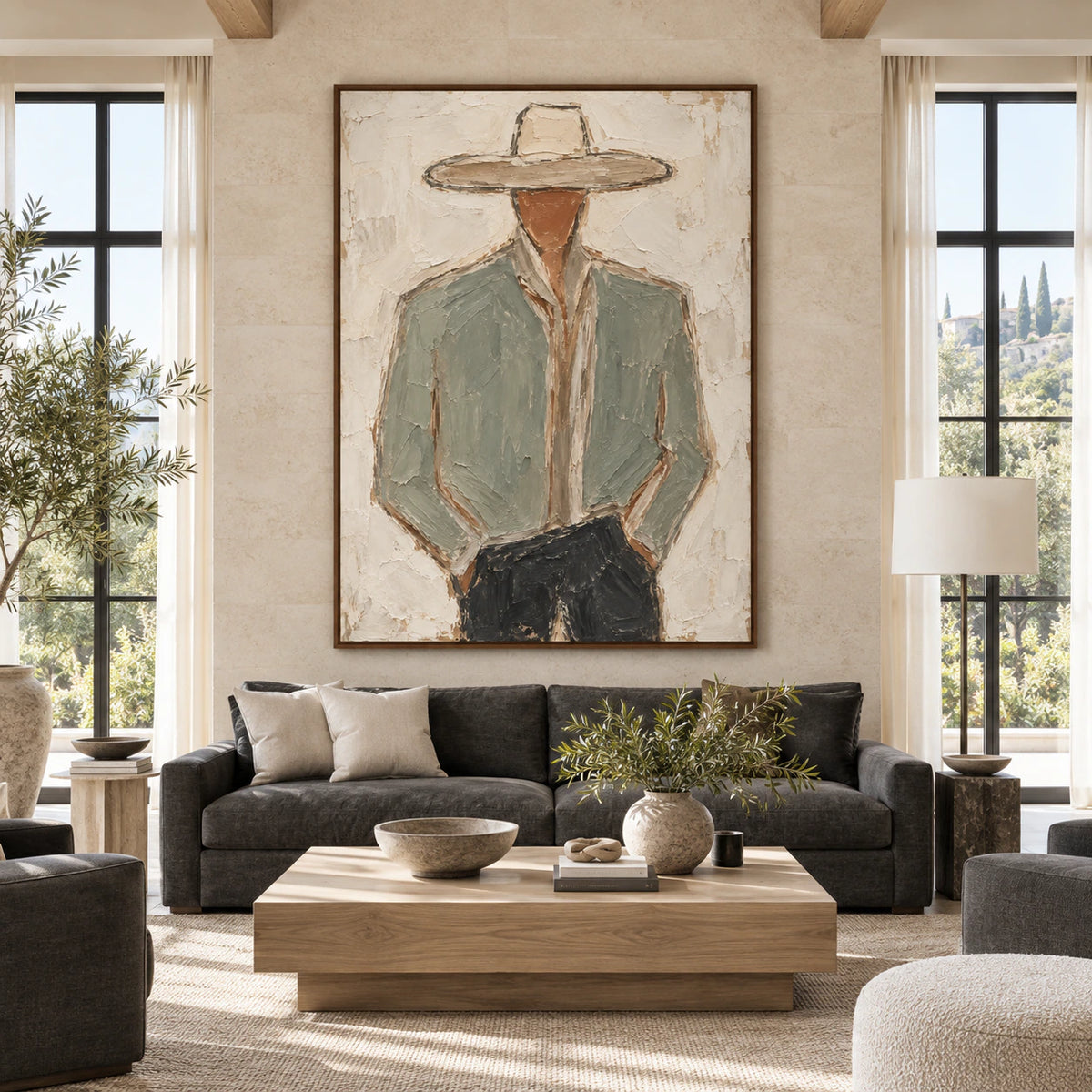 Sage-Visage displayed at large scale in a bright, spacious architectural living room.