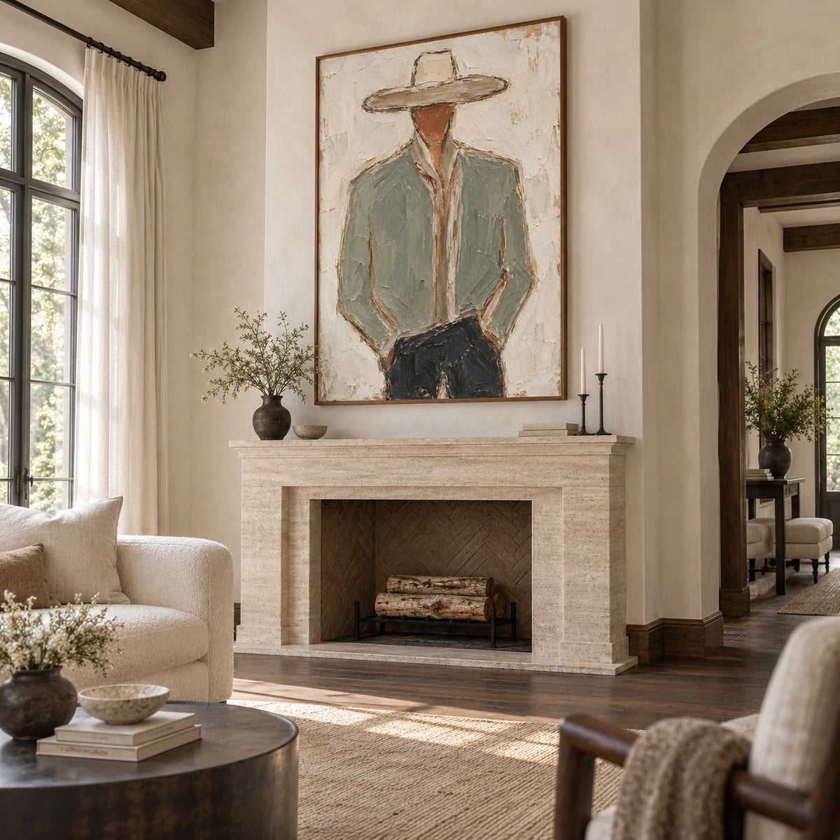 Sage-Visage as the focal artwork in a bright contemporary living room.