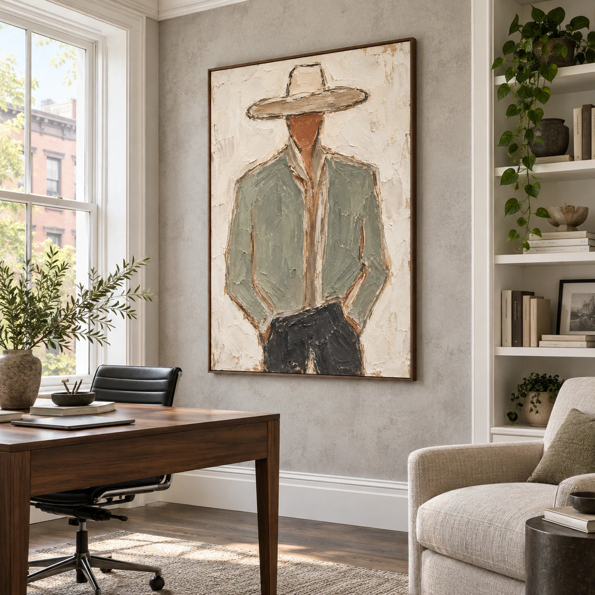 Sage-Visage featured in an airy home office reading space.