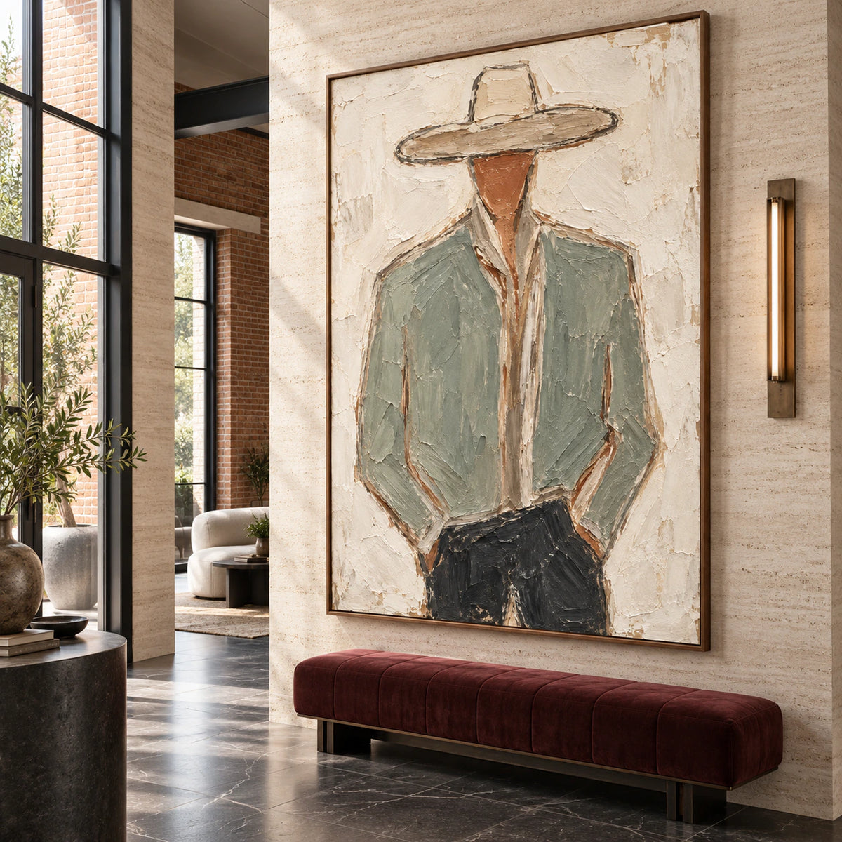 Sage-Visage at gallery scale in a luminous foyer.