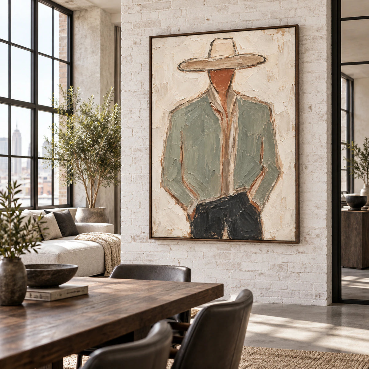 Sage-Visage as a large focal artwork in an expansive loft hospitality interior.