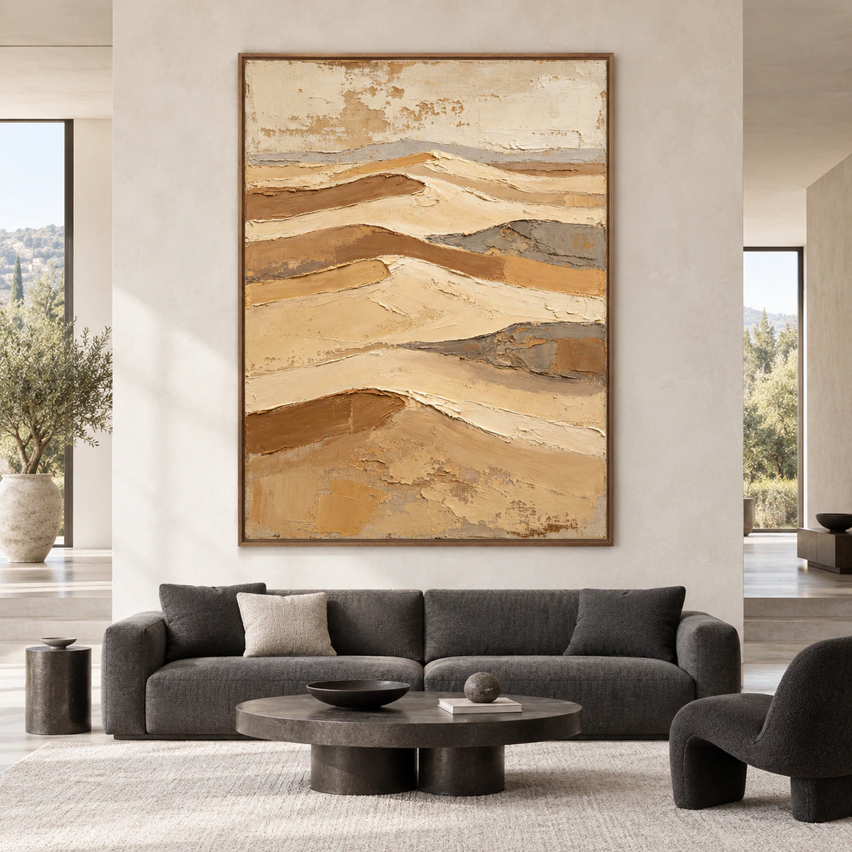 Sand-Relief displayed at large scale on a gallery wall in a spacious daylight-filled interior.