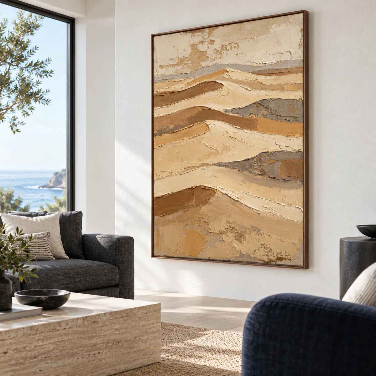 Sand-Relief above a restrained sofa in a bright contemporary living room.