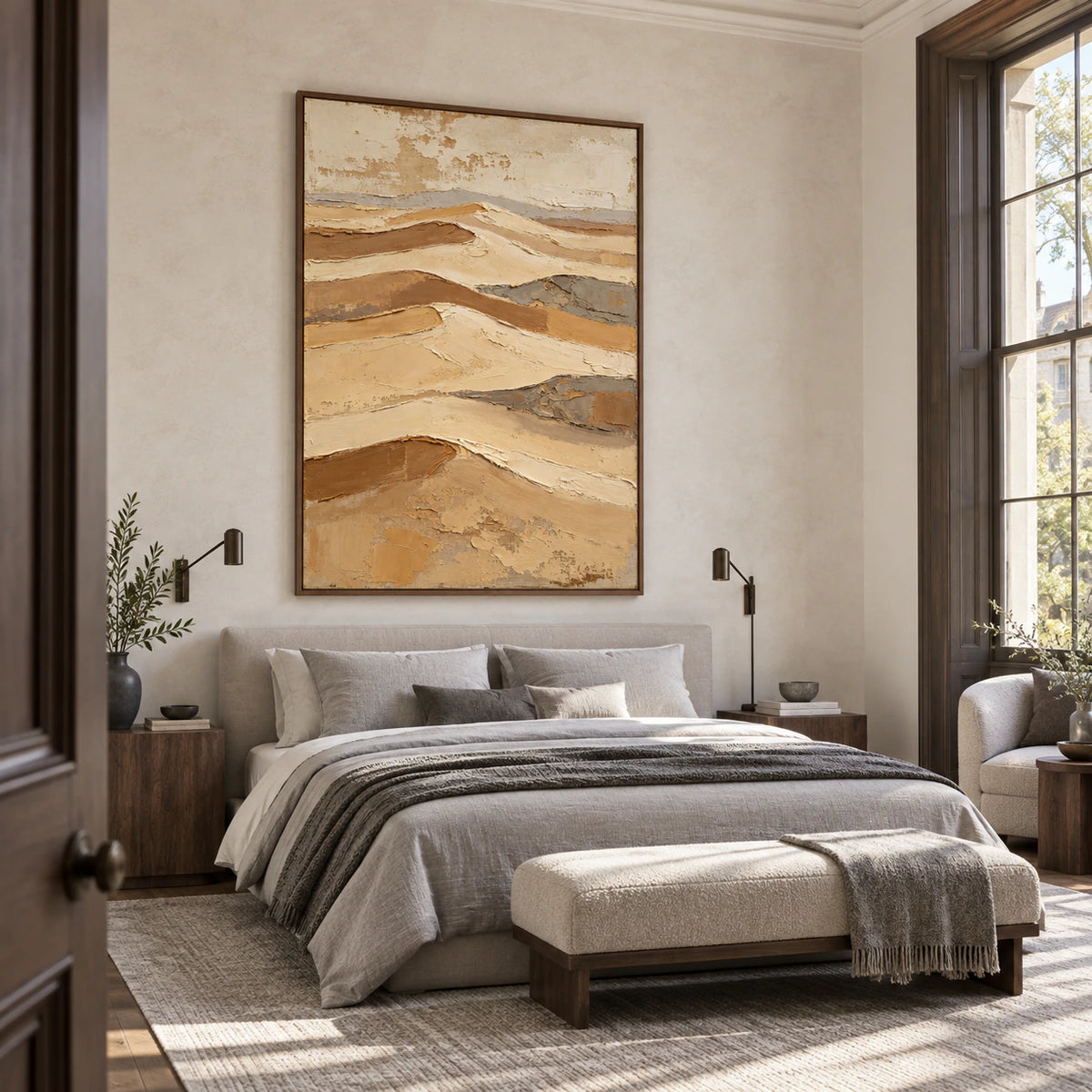 Sand-Relief above a low bed in a quiet, softly lit bedroom.