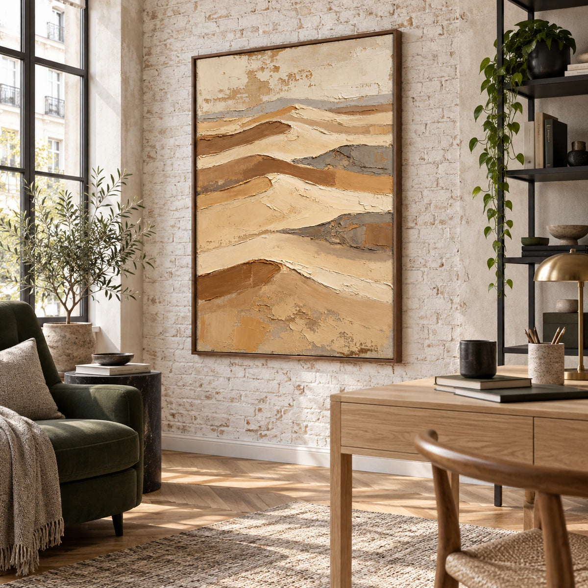 Sand-Relief in an airy reading and home-office space with natural daylight.