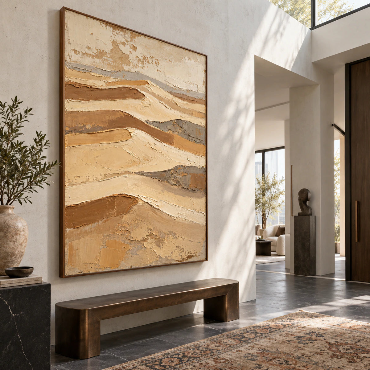 Sand-Relief presented at gallery scale in an open architectural foyer.