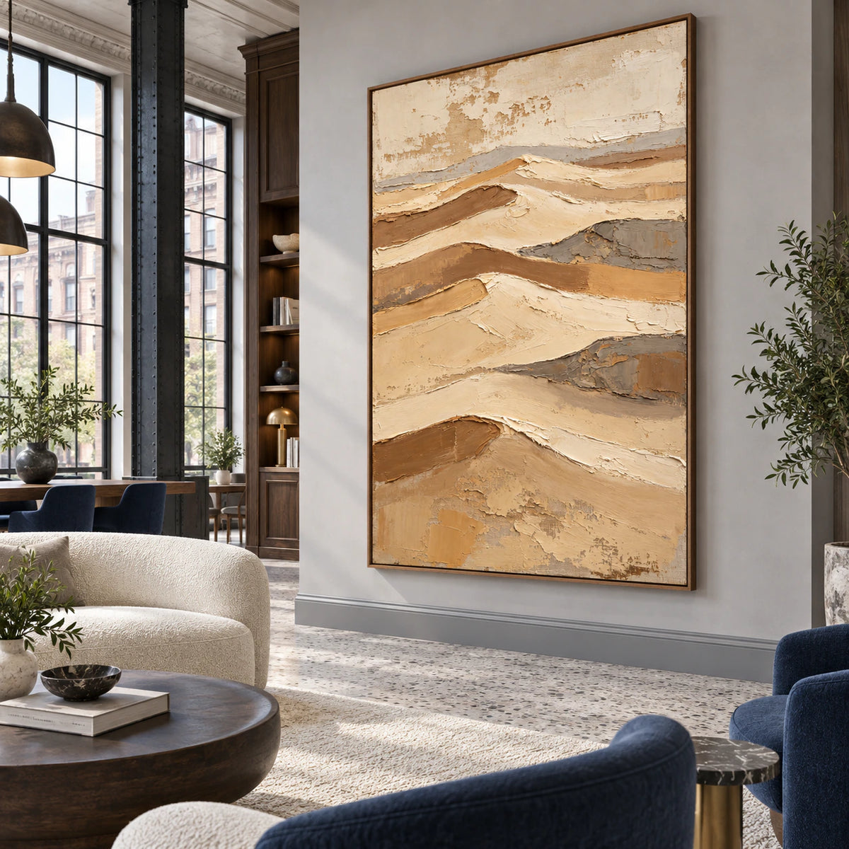 Sand-Relief anchoring a bright, expansive loft hospitality interior.