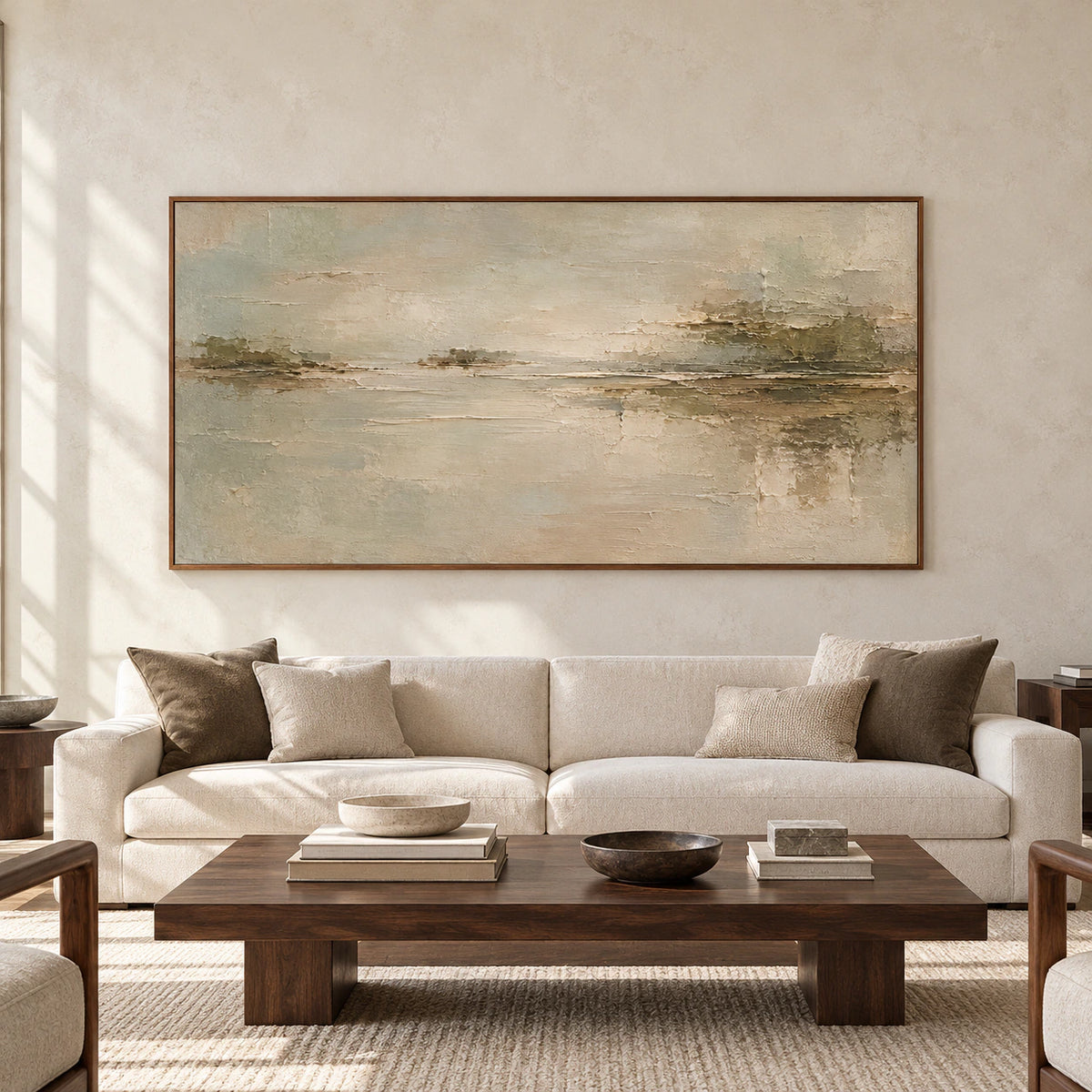 Sanded-Passage displayed large on a pale limestone wall in a spacious contemporary room with dark wood furniture, viewed straight on in daylight.