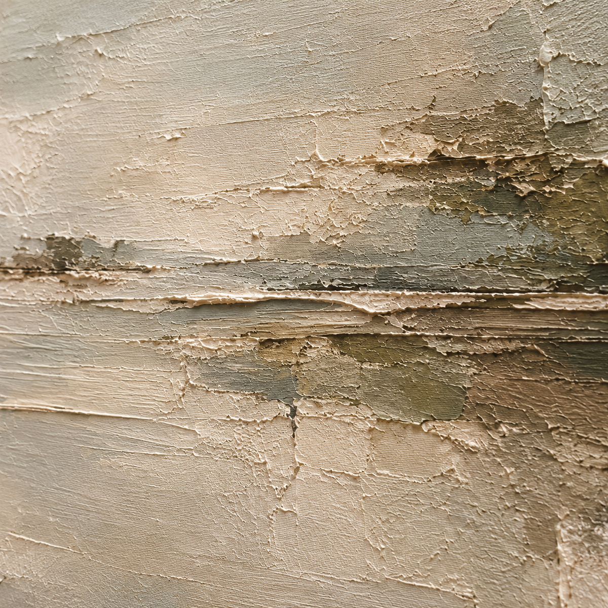 Close oblique detail of Sanded-Passage, showing raised paint ridges, horizontal strokes and muted color transitions under grazing directional light.