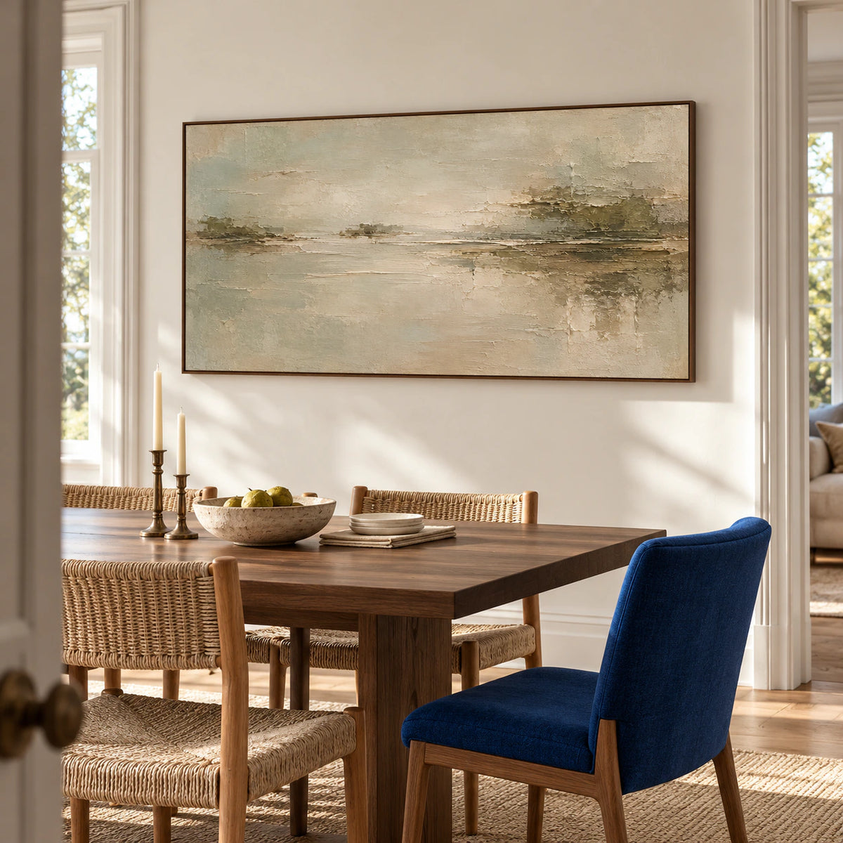 Sanded-Passage on a textured ivory wall above a dark walnut dining table, viewed from a slight left angle in natural daylight.