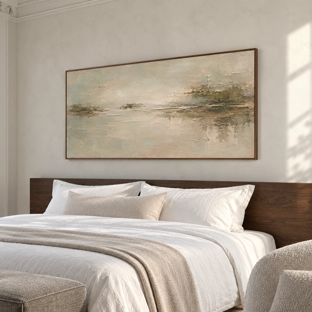 Sanded-Passage above a bed with a low dark timber headboard and white linen, against a cool pale wall with morning light from the right.