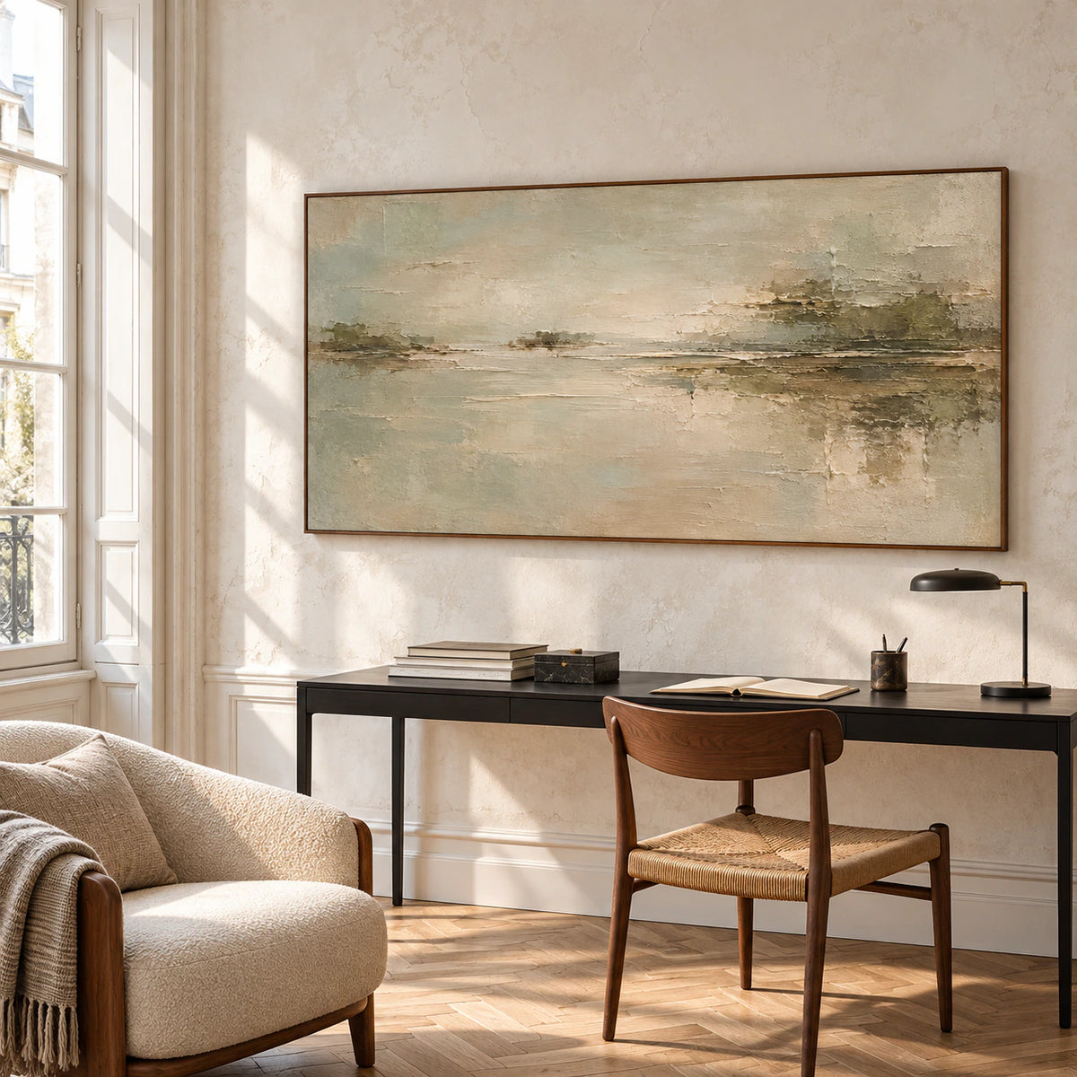 Sanded-Passage above a slim black desk beside a reading chair in a bright home office, viewed from a slightly elevated right angle.