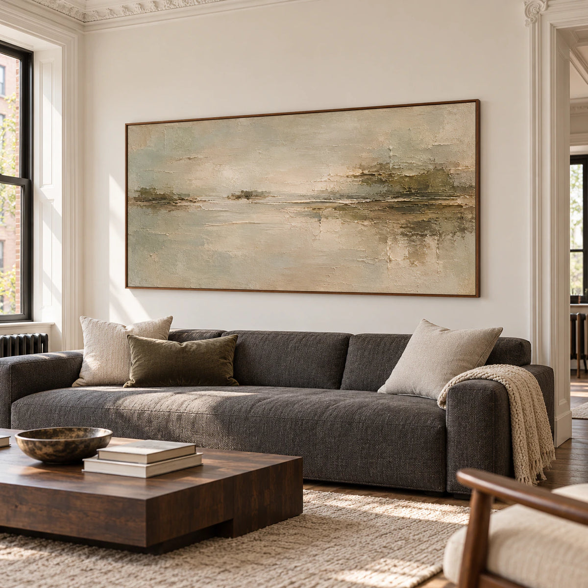 Sanded-Passage displayed on a light wall above a low graphite settee in a bright residential sitting room, viewed from the right.