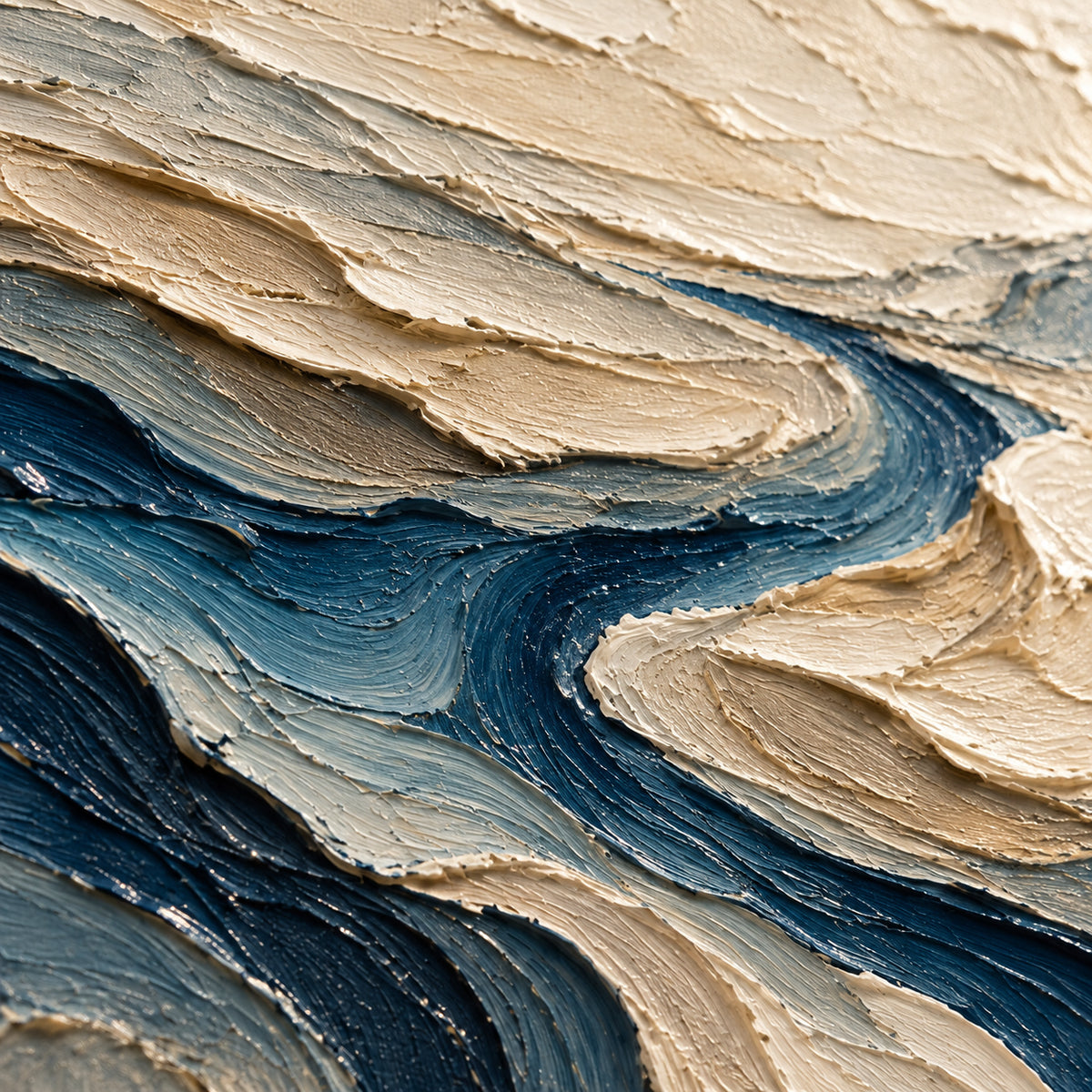 Sapphire-Channel oil painting brushwork and impasto detail photographed from an oblique side angle