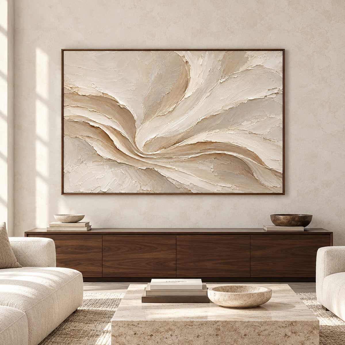 Large horizontal Satin-Whorl painting displayed at scale on a pale stone wall in a spacious, light-filled room.