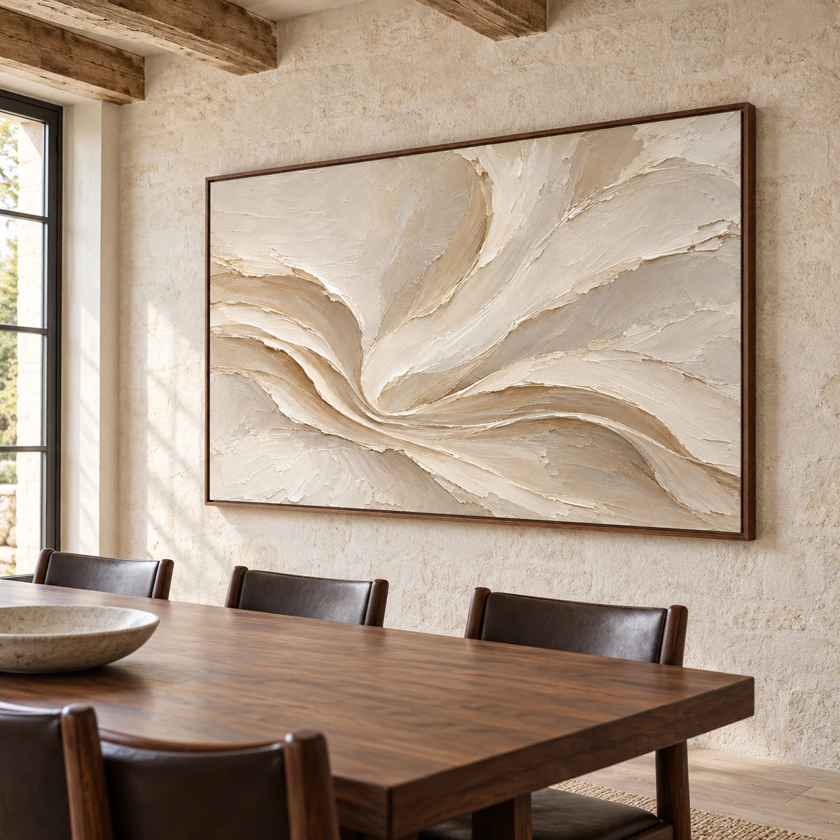 Large Satin-Whorl painting anchors a refined dining room above a dark wood dining table in soft daylight.