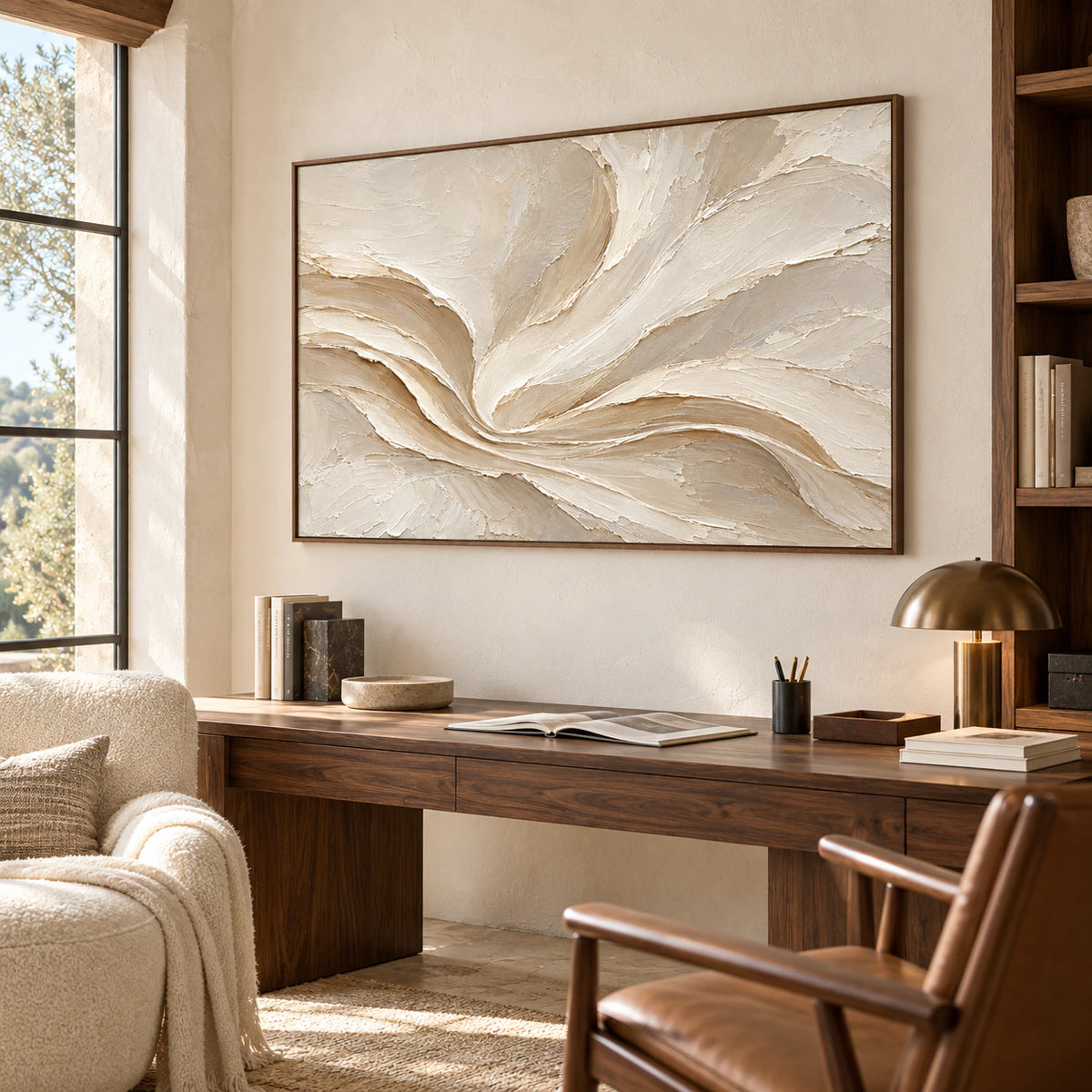 Satin-Whorl displayed above a long desk in an airy home office with dark wood furniture and clear natural light.