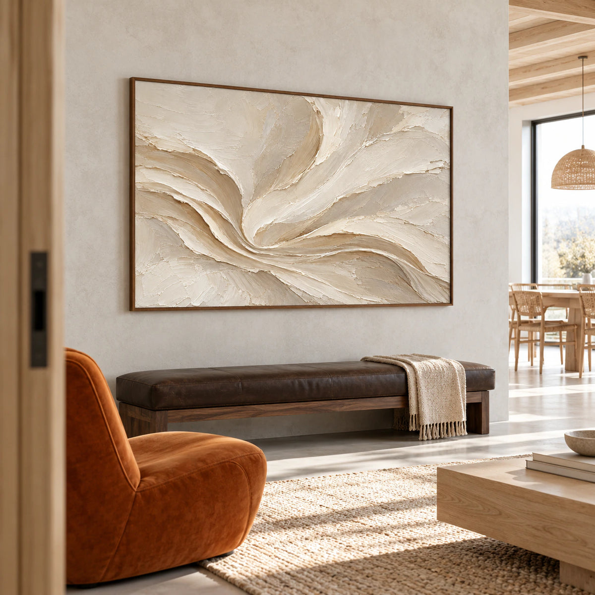 Satin-Whorl serves as the focal artwork in an expansive loft interior with concrete architecture and understated furnishings.