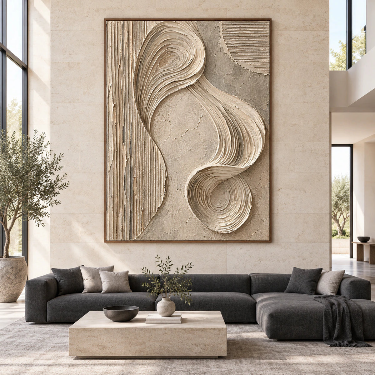 Sculpted-Continuum displayed at large scale straight-on in a bright architectural living space.
