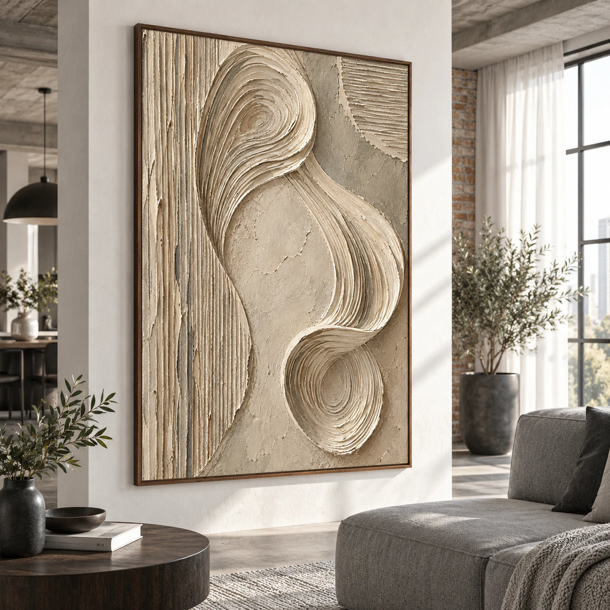 Sculpted-Continuum as a large focal artwork in a bright contemporary living room.
