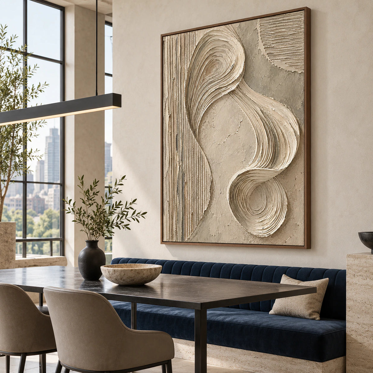Sculpted-Continuum displayed prominently in a refined daylight-filled dining room.