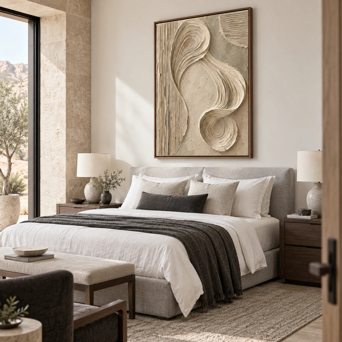 Sculpted-Continuum as a large tactile focal point in a quiet, airy bedroom.