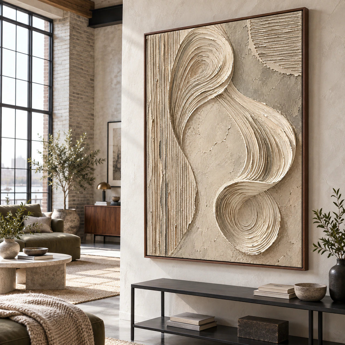 Sculpted-Continuum shown at large scale in an expansive hospitality loft interior.