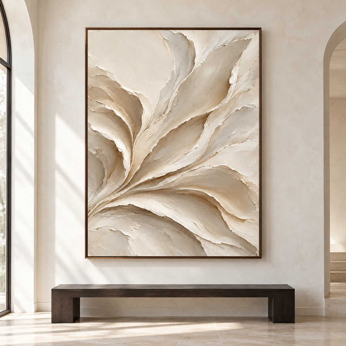 Large vertical Sculpted-Drift painting centered on a pale wall in a spacious, sunlit room, seen straight-on.