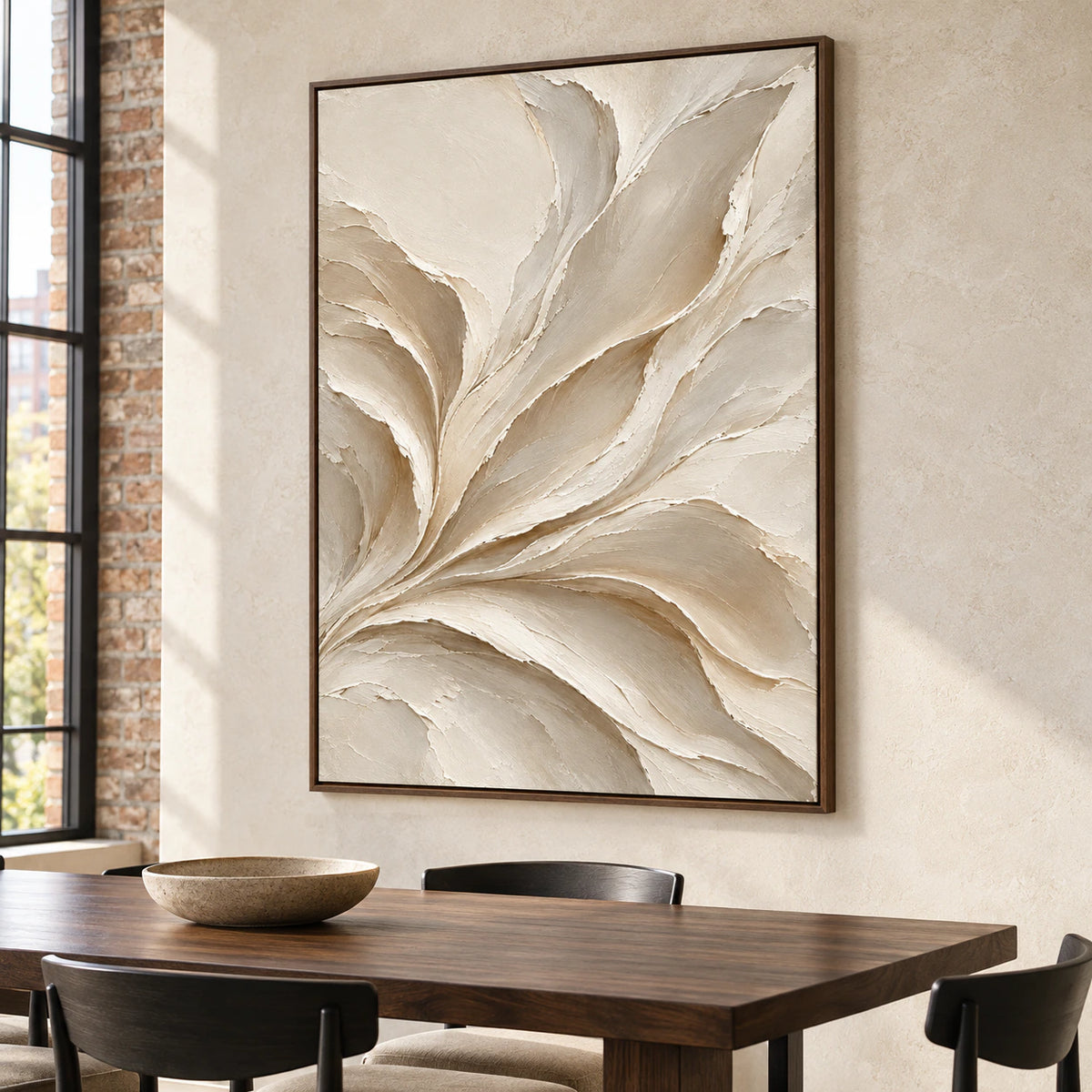 Sculpted-Drift displayed prominently on a light limestone wall in a refined dining room with a dark wood table and soft daylight.