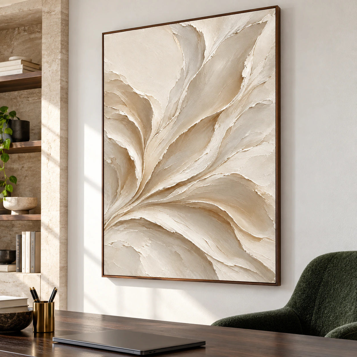 Sculpted-Drift displayed prominently beside a reading chair in an airy home office with pale walls and clear daylight.