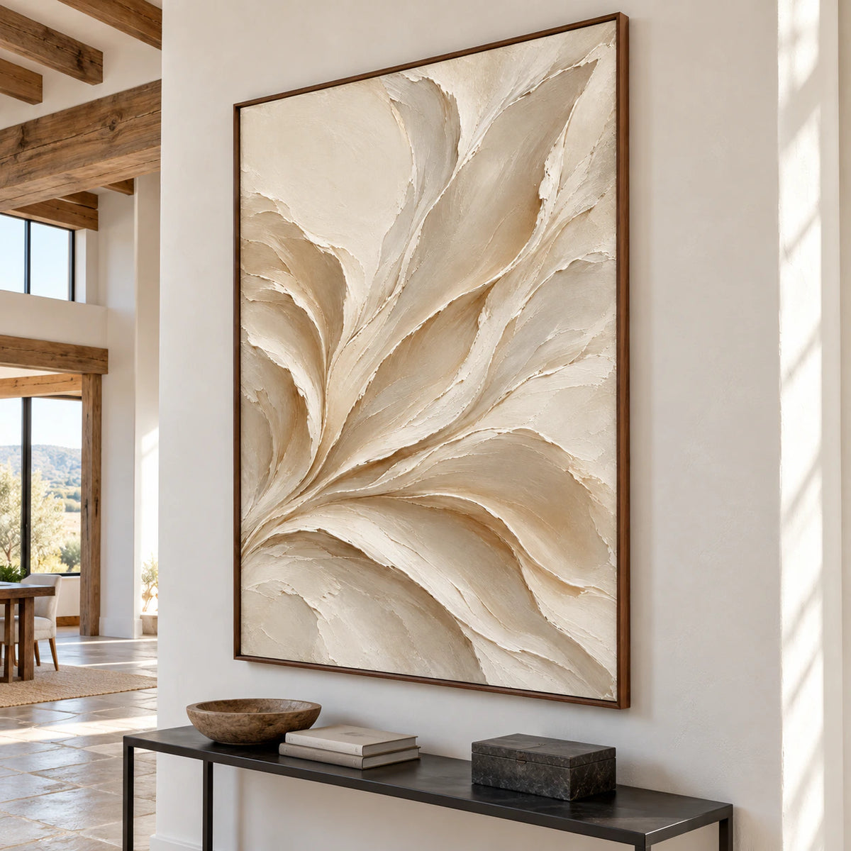 Sculpted-Drift displayed at gallery scale on a tall foyer wall, with a broad stone floor and daylight from a high window.