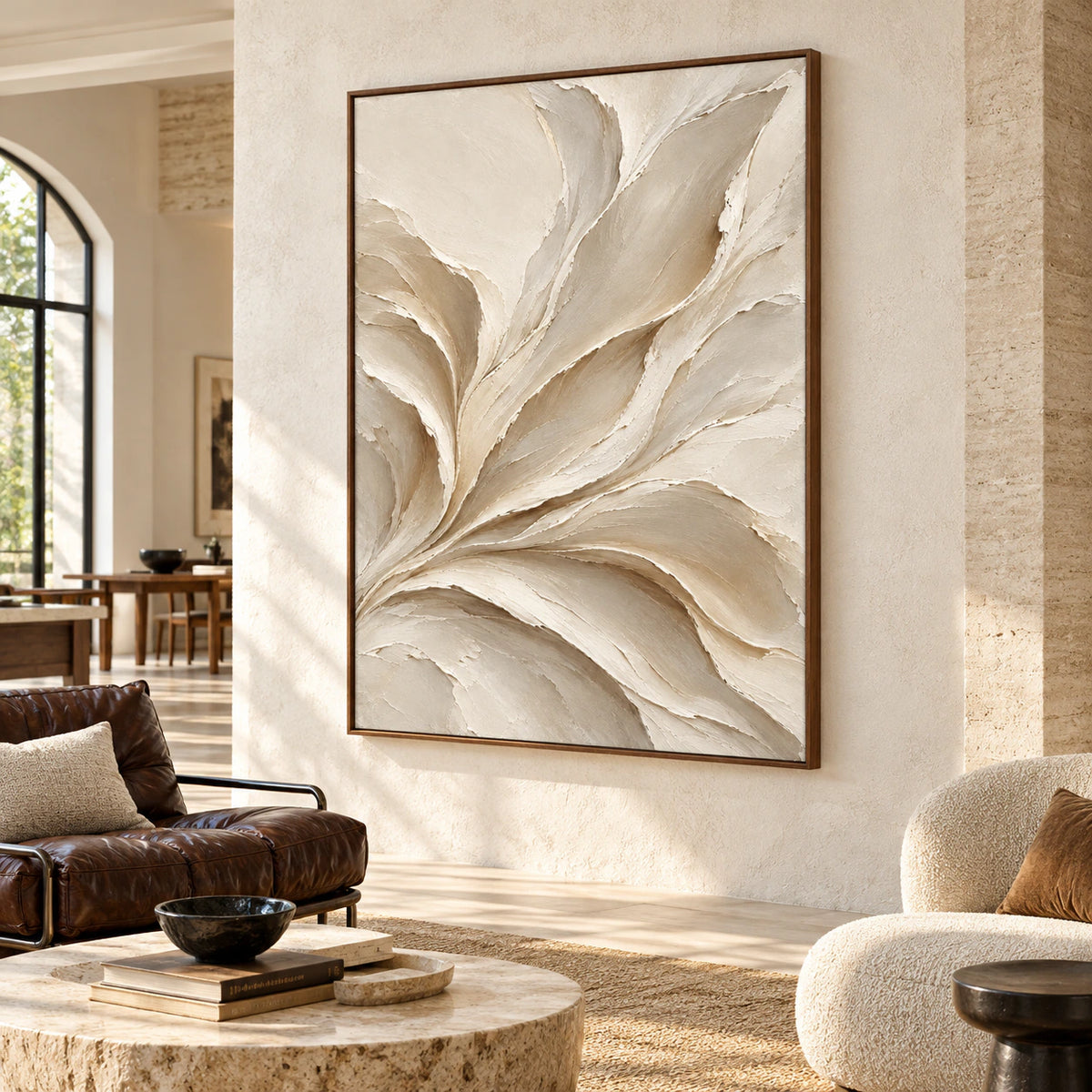 Sculpted-Drift displayed prominently in an expansive loft interior with pale masonry, dark furnishings, and generous natural light.