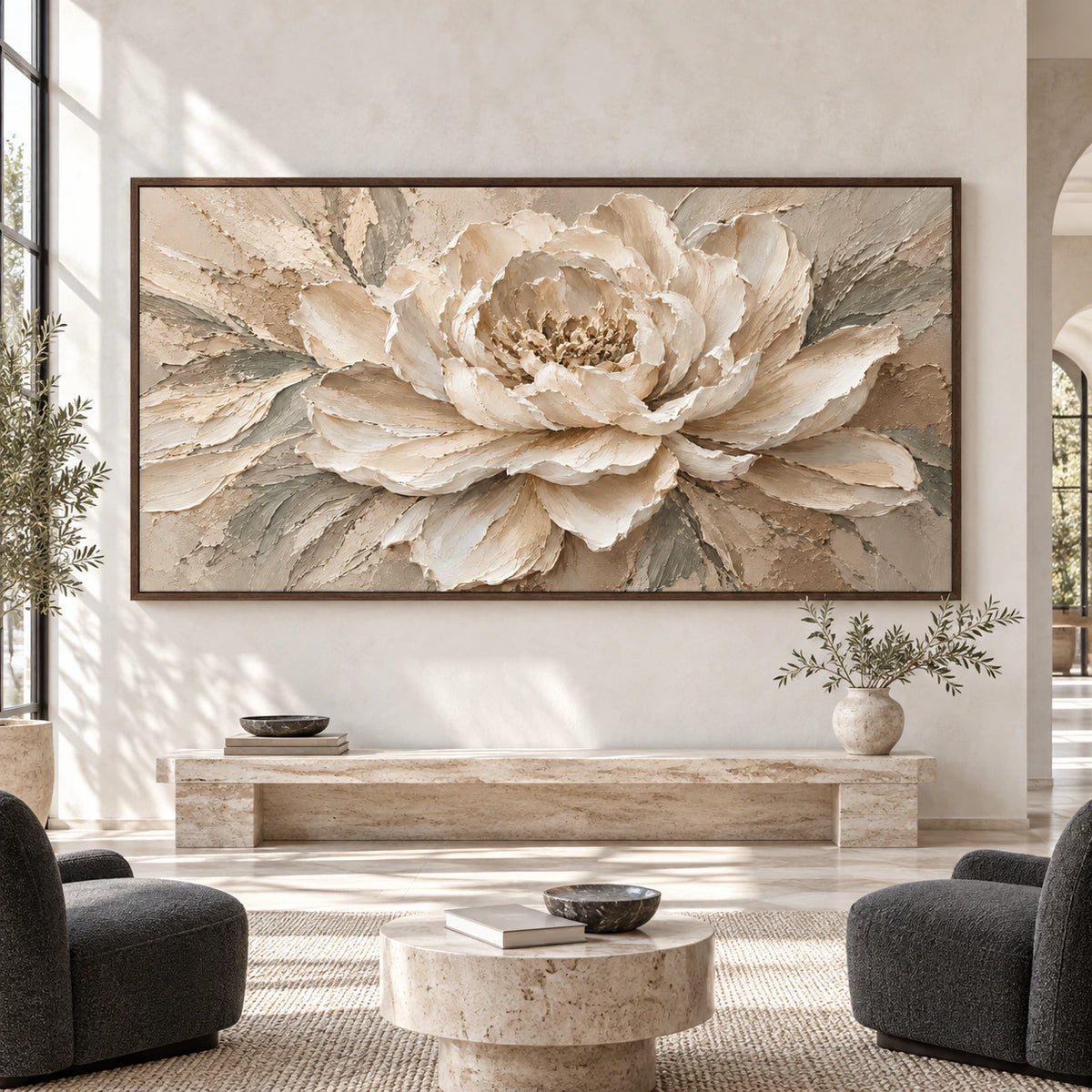 Large straight-on gallery view featuring the wide cream peony textured painting.
