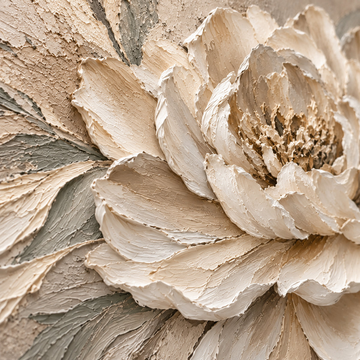 Sculpted-Flower oil painting brushwork and impasto detail photographed from an oblique side angle