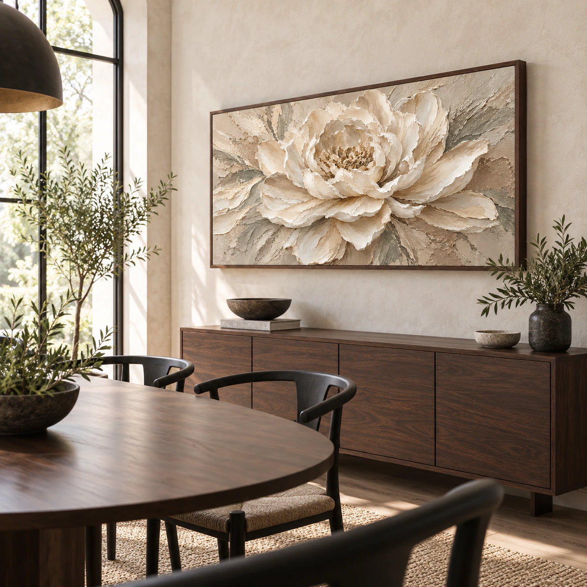 Refined dining room featuring the wide ivory and sage floral textured painting.