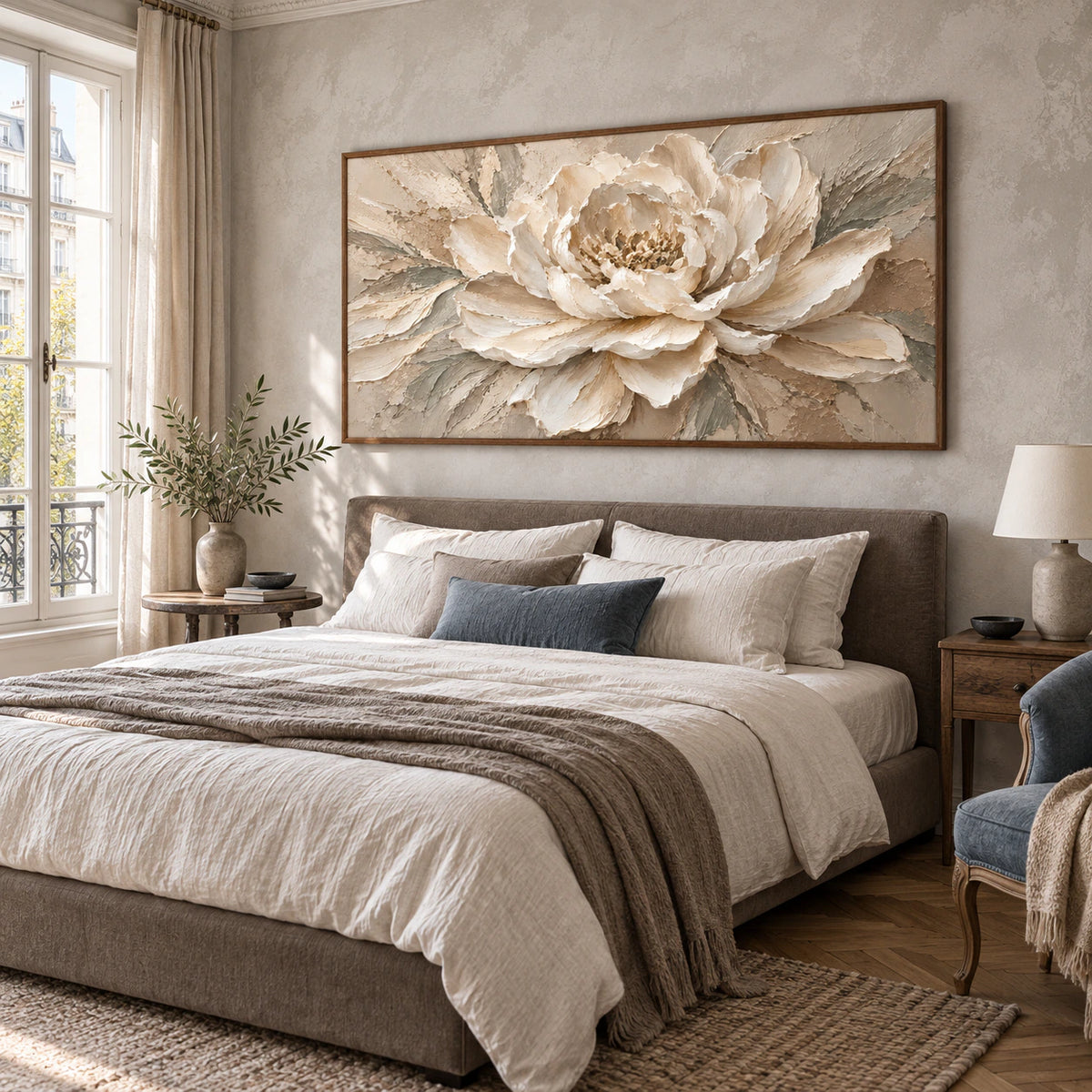 Quiet bedroom with the large cream peony painting as the focal wall artwork.