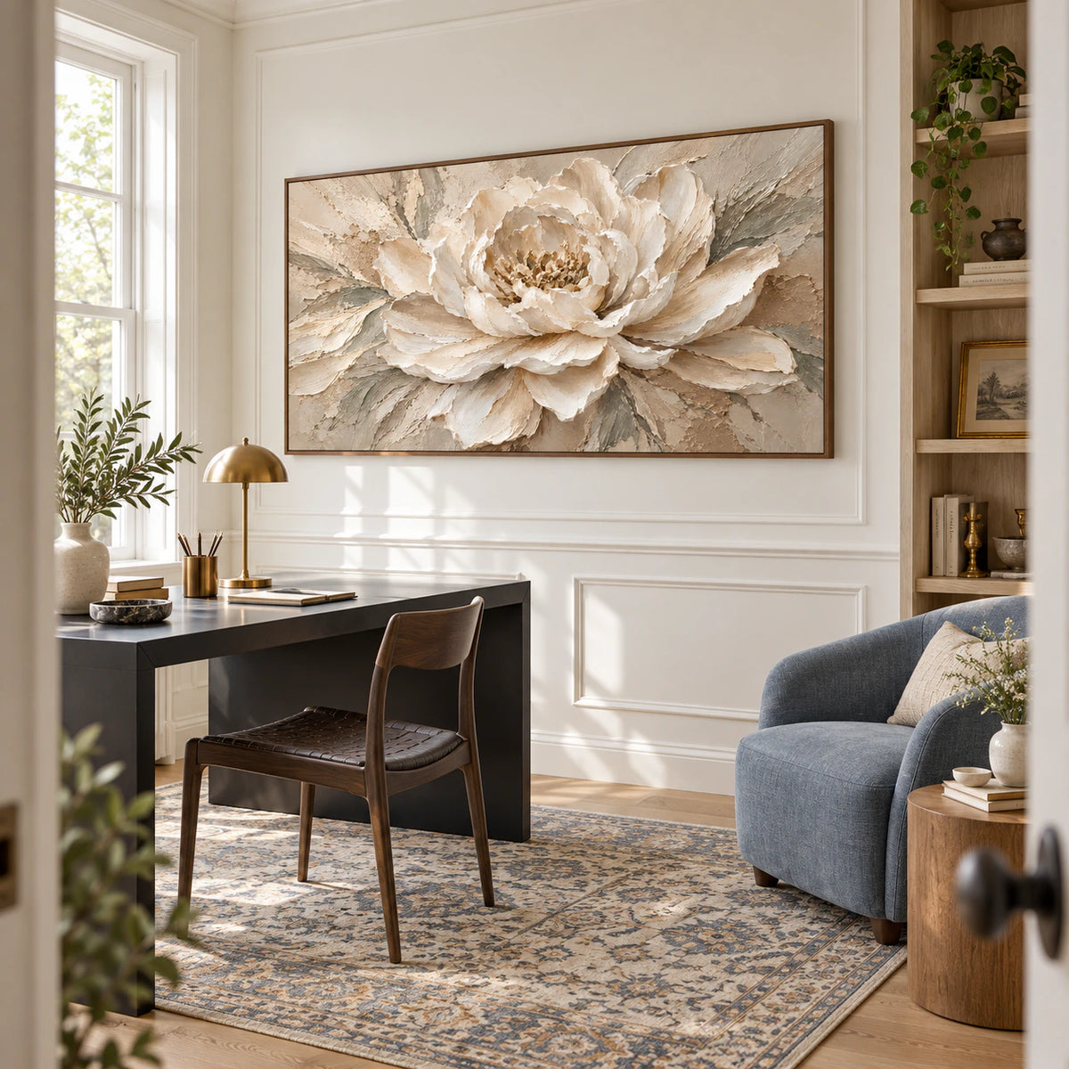 Airy reading space with the wide textured floral painting above a low console.
