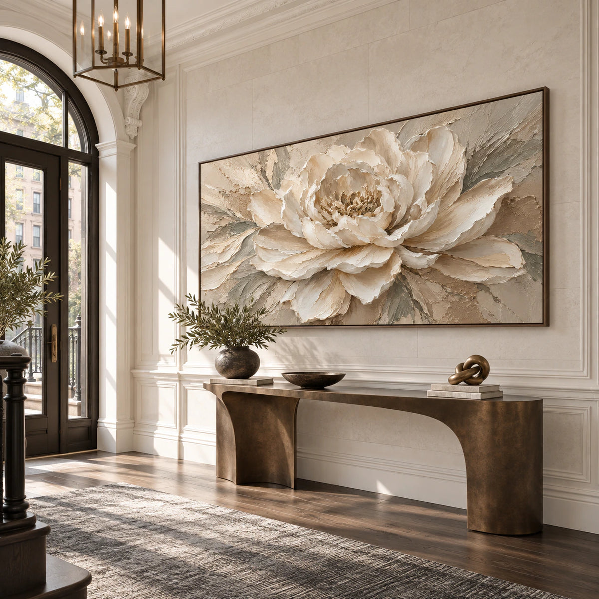 Gallery-scale foyer centered on the large cream peony textured artwork.