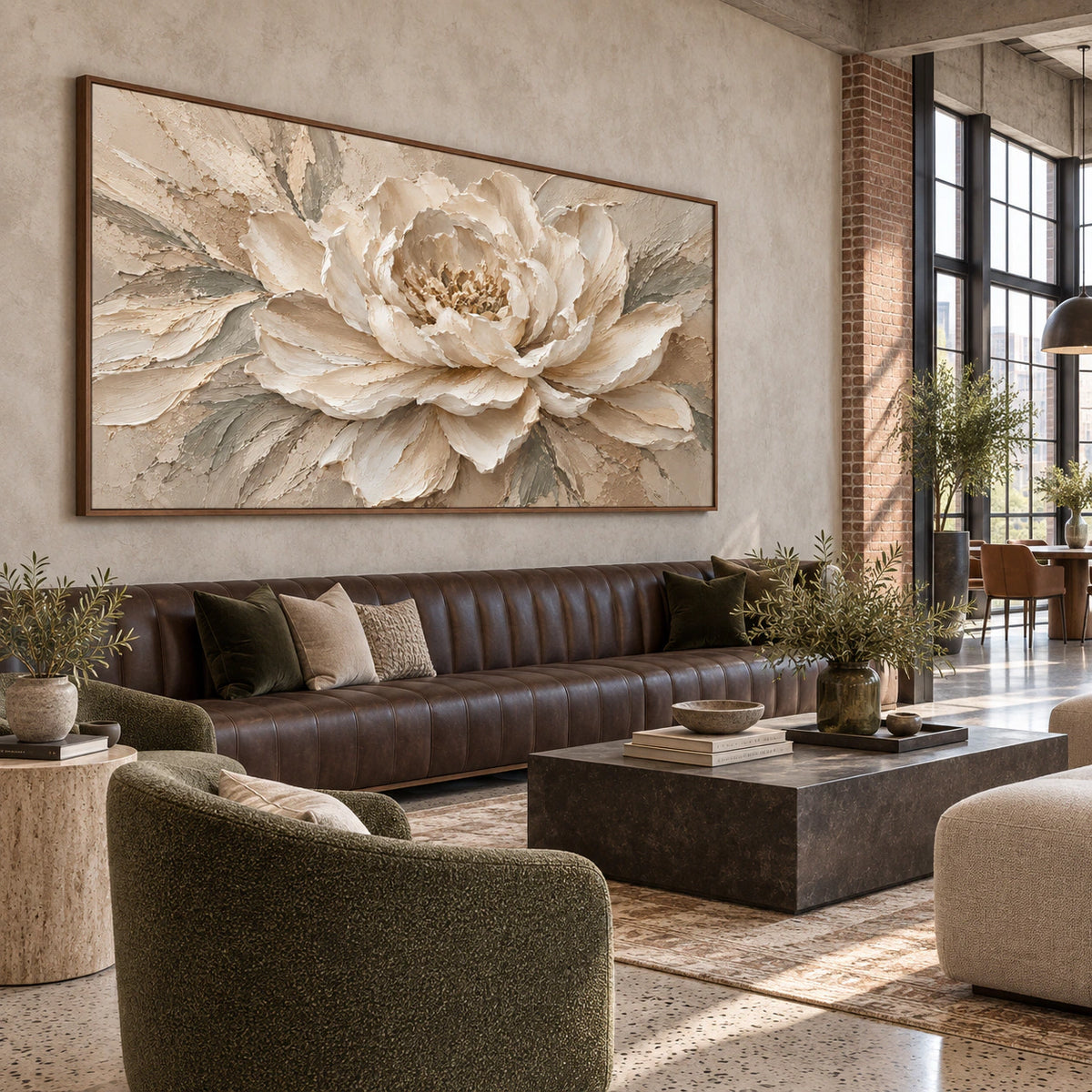 Expansive loft interior featuring the wide ivory floral painting at a large scale.