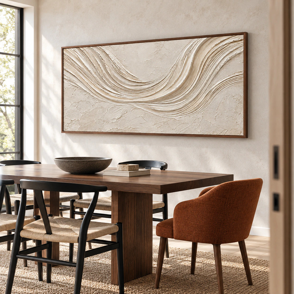 Right oblique view of the ivory and sand-toned painting on a pale stone wall in a dining room with a dark walnut table and black chairs.
