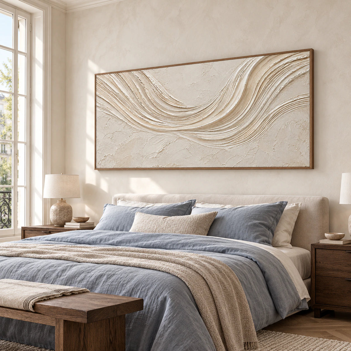 Left oblique view from near the foot of a low bed, with the ivory abstract painting above it, blue-gray linens and dark timber furniture.