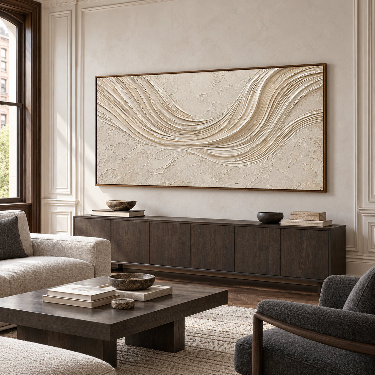 Large horizontal ivory and sand-toned abstract painting displayed in a traditional paneled lounge with charcoal seating and dark wood furnishings.