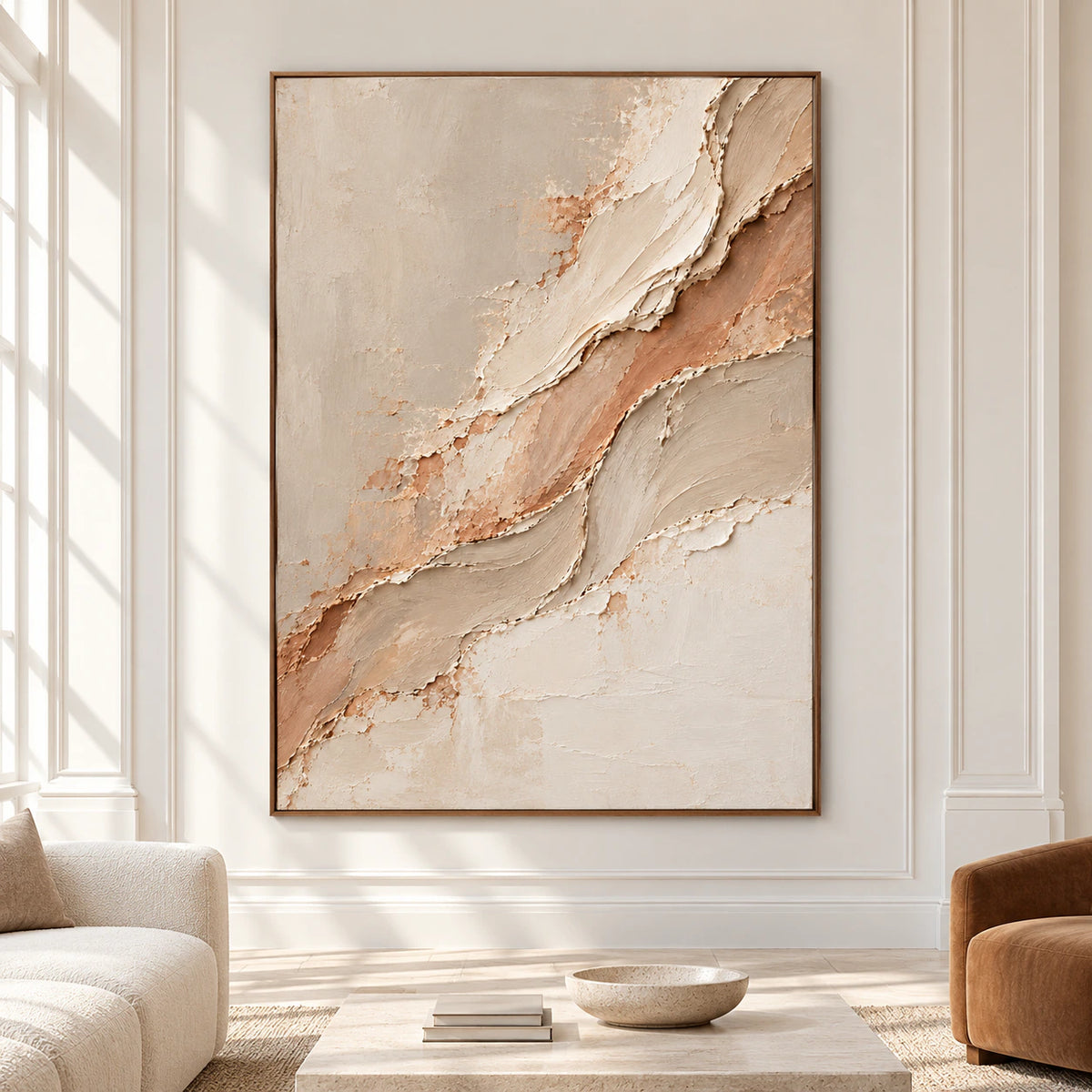 Large vertical artwork with ivory, sand and muted clay ridges displayed prominently in a bright, spacious architectural room.